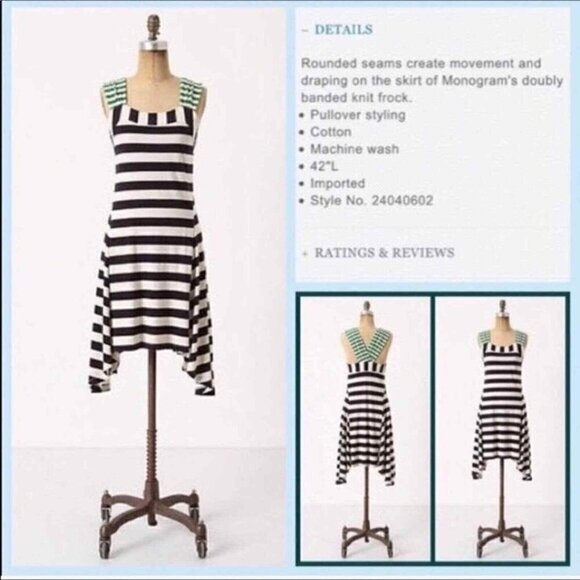 Anthropologie HWR Monogram Split Striped Dress Size XS Blue White Green VTG Rare - Picture 3 of 12